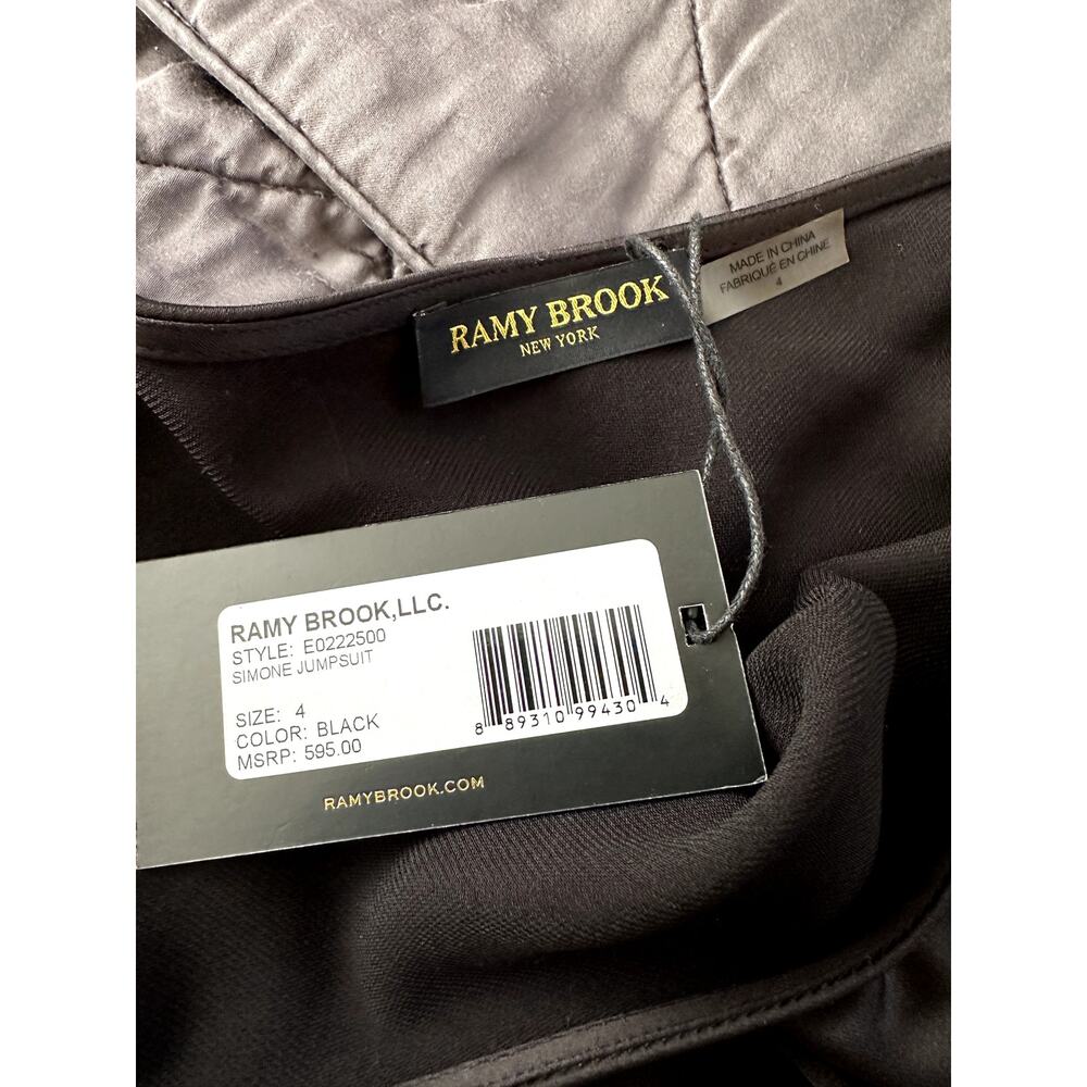 NWT Ramy Brook Simone Satin Jumpsuit Womens Size 4 Black One Shoulder $595 SRP - Picture 5 of 7